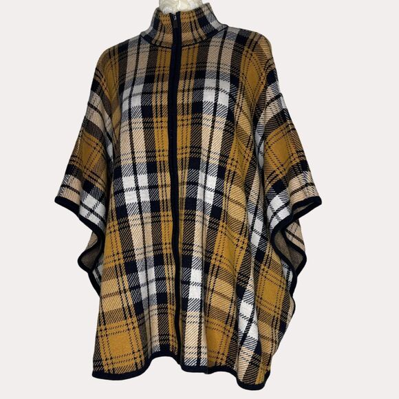 Jones New York Signature Dolman Sleeve Jacket Poncho Plaid Gold S M - Picture 2 of 11